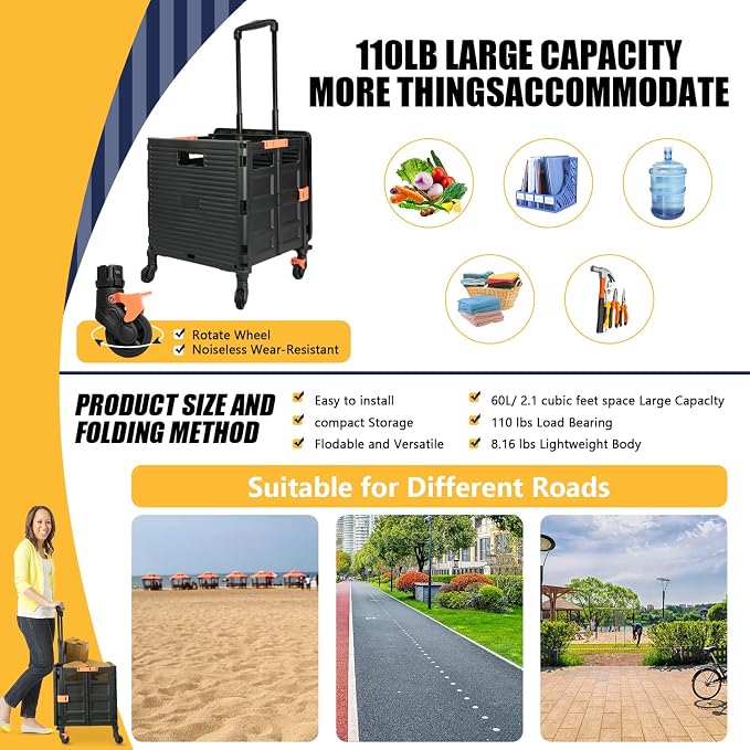 Foldable Utility Cart Portable Rolling Crate Handcart Shopping Trolley Collapsible Tool Box with Rotate Wheels Durable Duty Plastic Telescoping Handle Lid for Travel Move Office School(Black)