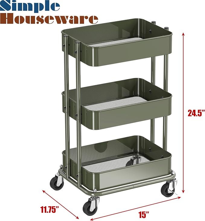 Simple Houseware 3-Tier Utility Cart, Low 24" Height Fits Under Desk, Green | Compact & Lower Height Great for Under-Desk Space-Saving Storage for Home Office, Dining Room, or Kitchen