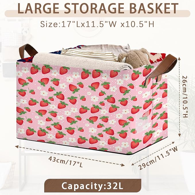 Pink Strawberry Collapsible Storage Bin - 17x11.5x10.5 Inch Foldable Organizer Basket for Nursery, Kids Room,Kitchen, Pantry, Home Decor - Single Pack No Lid Space-Saving