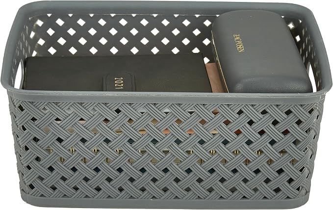 Simplify Small Resin Wicker Tote | Storage Bin | Plastic Organizer | Carrying Handles | Bathroom | Pantry | Accessories | Cleaning Products | Grey