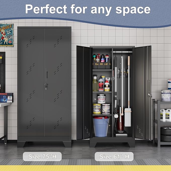 61" Metal Storage Cabinet with Lockable Doors, Cleaning Supply Cabinet with Pegboard and Hanging Rod. Garage Tool Storage Cabinets for Home, Laundry, Office, Home Kitchen Utility Cabinet