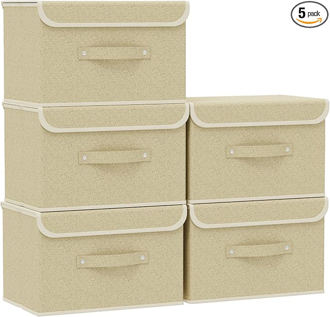 Storage Bins with Handles,Grey and Beige,15x9.8x9.8in,5 Pack | Storage Baskets with PP Board Support,Washable Wardrobe Organisers with Lids,Stackable Organization Bins for Socks,Ties,Scarf