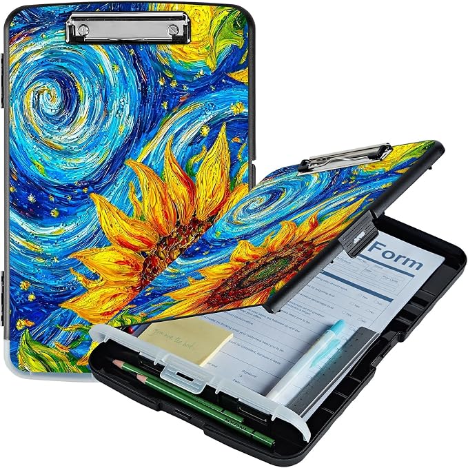 Starry Sunflower A4 Clipboard with Storage Pen Holder, Clipboards Organizer Nursing Clipboard Foldable File Folder Plastic Clipboard Folio Clip Board for Office Students Classroom Doctor