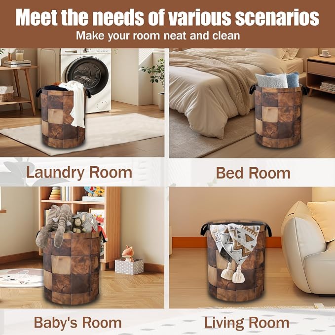 Brown Wood Squares Laundry Basket, Laundry Hamper Waterproof Oxford Cloth Tote Collapsible,Clothes Storage Bucket Decorative Toy Organizer For Bathroom Bedroom 16" x 20.8"