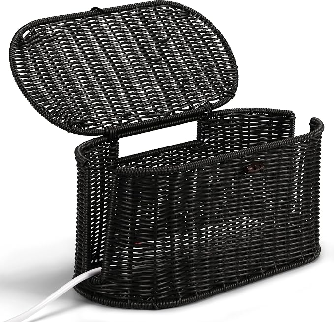 Oval Rattan Style Cable Management Box, Cable Organizer Button Loop Closure