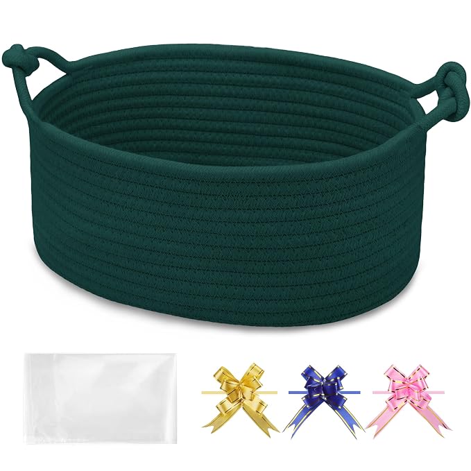 Small Empty Gift Basket with Bag & Ribbons, Dark Green | 12“x8”x5”, Cotton Rope Woven Basket for Birthdays, Baby Showers, Mother's Day, Christmas; Stores Small Items, Kids & Pet Toys