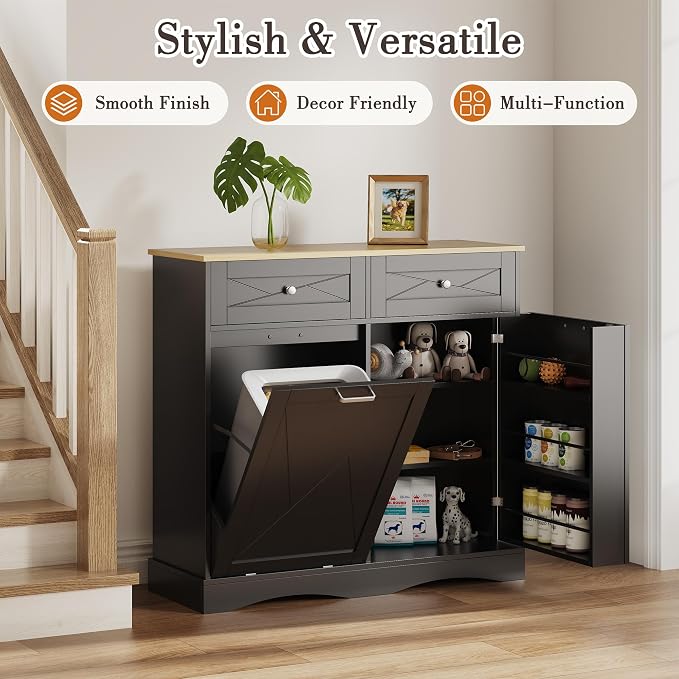kepptory 37" High Dog Feeding Station with Storage Drawer, Pet Organizers and Storage Adjustable Shelf, Dog Feeder Station, Pet Storage Cabinet for Cats and Dogs (Black)