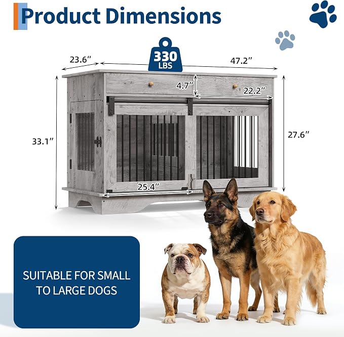 GarveeHome 47" Dog Crate Furniture for 2 Dogs, Double Dog Kennel with Removable Divider & 2 Drawers, Decorative TV Stand Side Table, Indoor Pet Cage for Large/Medium/Small Dogs, White