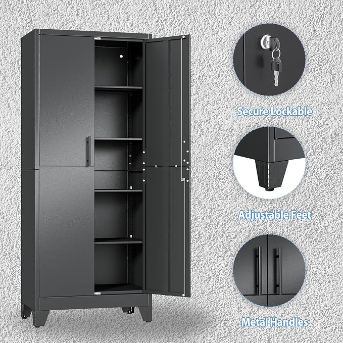Tall Metal Storage Cabinet with Lock, 4 Adjustable Shelves, Steel Cabinet | Heavy-duty steel cabinet with lockable storage, adjustable shelves, adjustable feet for indoor use