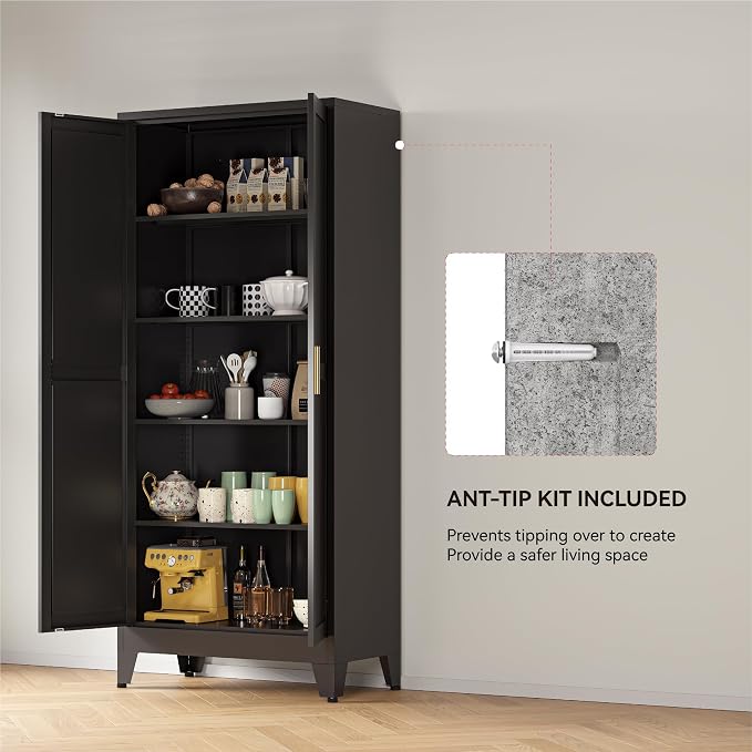 YAUWOH 71''Metal Cabinet with 4 Adjustable Shelves,5-Tier Pantry Storage Cabinet,Kitchen Pantry Cabinet for Living Room,Dining Room, (1PC,Black)