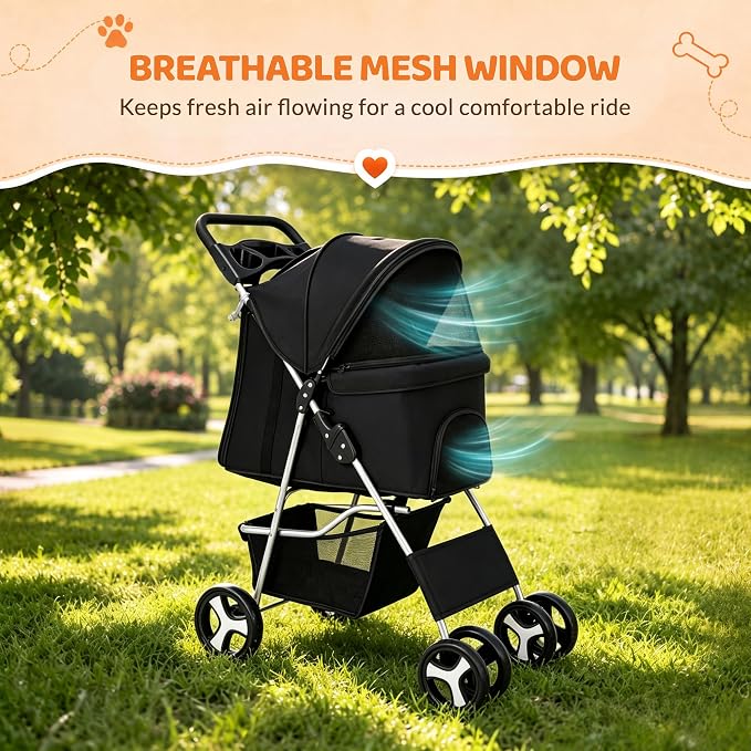 ZENY Foldable Pet Stroller, Cat/Dog Stroller with 4 Wheels | Pet Travel Carrier Strolling Cart with Storage Basket, Cup Holder, Black