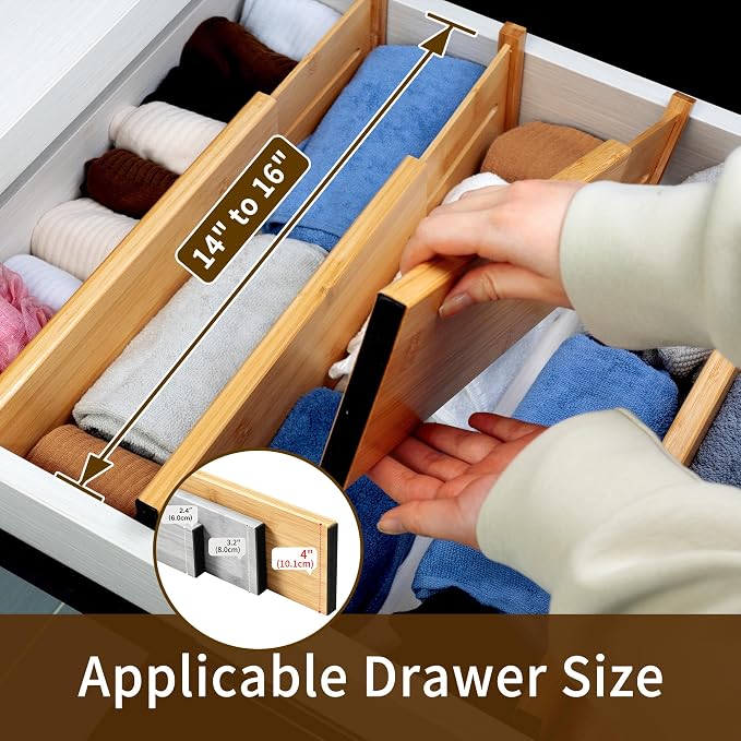 Utoplike Bamboo Drawer Organizer, 4" H Dresser Drawers Dividers for Clothes | Adjustable Drawers Organizers for Clothing, Silverware, in Kitchen, Bathroom, Bedroom Drawer, Fit 14"-16" Drawers