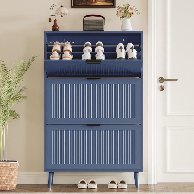 BORNOON Shoe Cabinet for Entryway with 3 Flip Drawers, Slim Wooden Shoe Storage Organizer with Modern Fluted Pannel，Freestanding Narrow Hidden Shoe Rack for Hallway, Foyer, Living Room