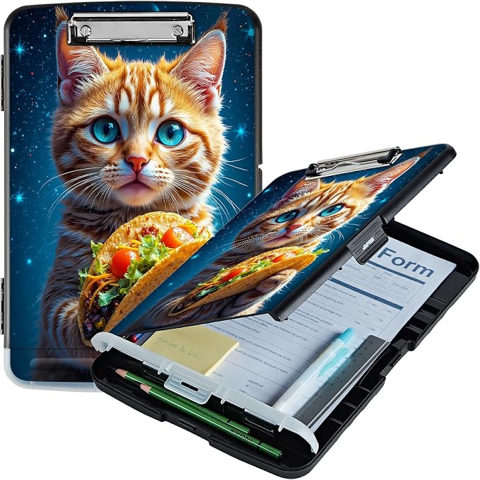 A4 Clipboard with Storage Pen Holder, Clipboards Organizer Nursing Clipboard Foldable File Folder Plastic Clipboard Folio Clip Board for Office Work Classroom Doctor, Hamburg Orange Cat