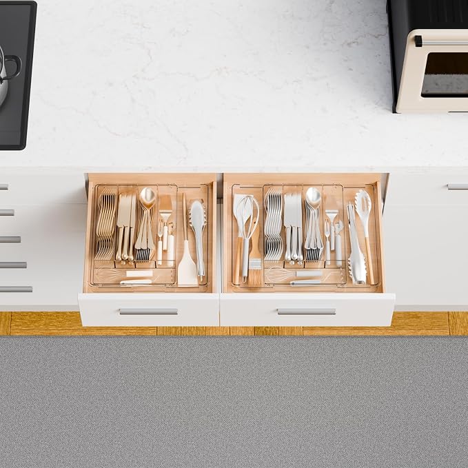 Clear Expandable Silverware Drawer Organizer,9.4-15.6In Adjustable Silverware Tray for Drawer,Acrylic Kitchen Utensil Drawer Organizer for Cutlery,Flatware Organizers and Fork and Spoon Holder