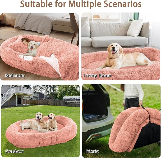 ROOMTEC Human Dog Bed, 71''x45''x12'' Size Fits Adult and Pet Washable Giant People Bed 10 CM Thick Memory Foam Large Oversize Pet Bed with Plump Pillow, Blanket, Strap - Pink