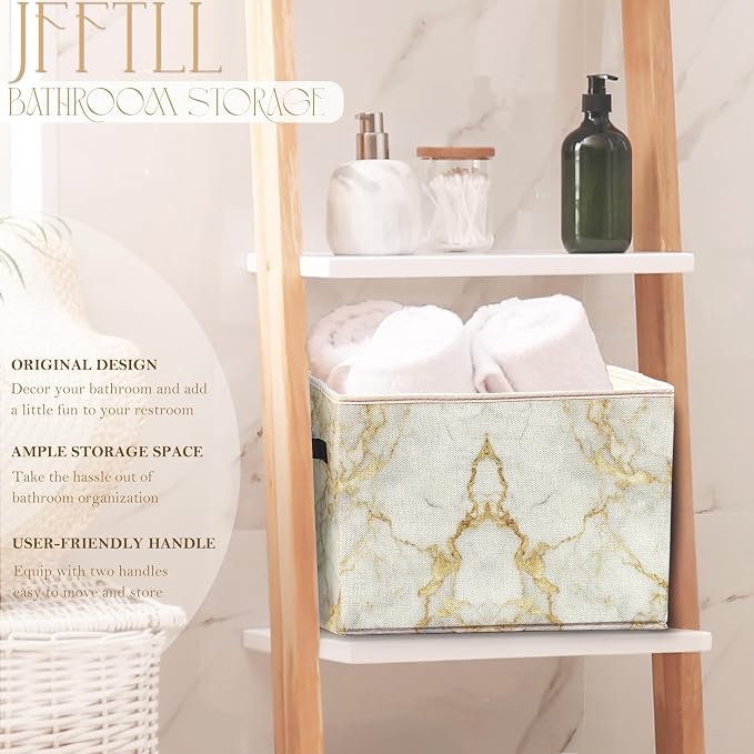 White Gold Marble Storage Bins with Handles, Modern Room Decor, Abstract White Marble Texture Collapsible Laundry Basket Storage Box for Home Bedroom Bathroom Clothes Toys Books