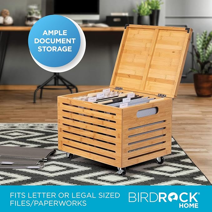 BIRDROCK HOME Rolling File Storage Organizer Box with Lid - Bamboo Decorative Wood Hanging File Box for Letter/Legal Documents, Binders, Blankets - Durable Office Organizer - Natural