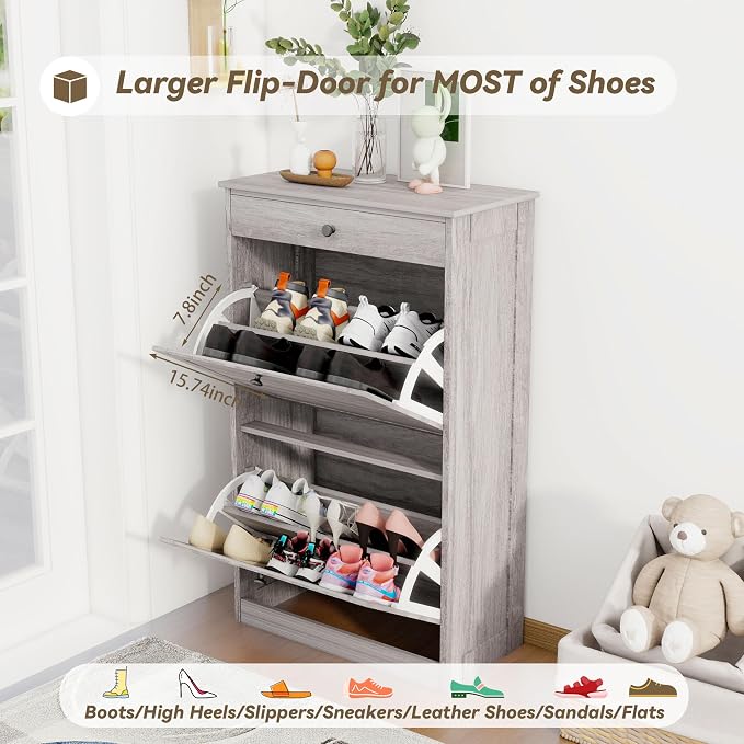 FTZxHKLX Shoe Rack Cabinet 2 Flip Drawers, Entryway Shoe Storage, Wash Grey | Narrow Shoe Cabinet Organizer with Top Drawer, Freestanding Hidden Shoe Organizer for Entryway , Hallway, Foyer
