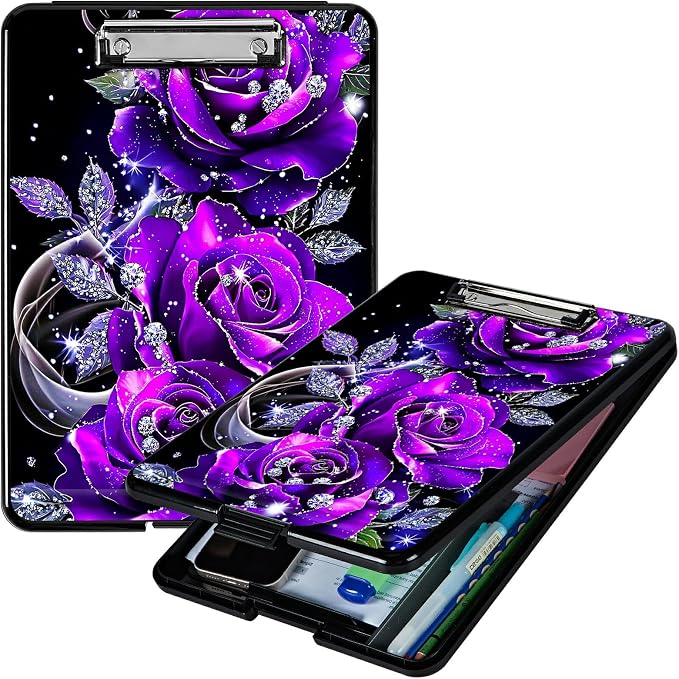 Purple Rose 01 A4 Clipboard with Storage Pen Holder, Clipboards Organizer Nursing Clipboard Foldable File Folder Plastic Clipboard Folio Clip Board for Office Students Classroom Doctor