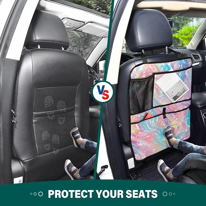 2 Pack Back Seat Car Organizer with Storage Pockets Kick Mats Back Seat Protector Hanging Car Organizer Automotive Seat Back Cover Organizers Pink Liquid Gradient