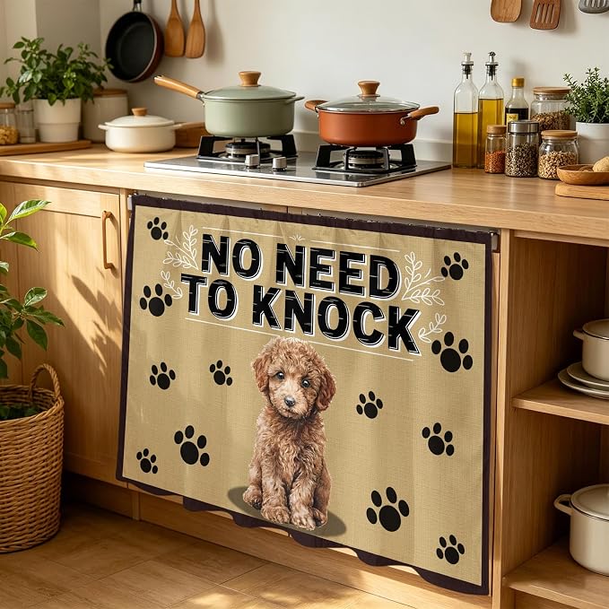 NO Need to Knock Cabinet Dishwasher Hidden Curtains, Privacy Closet Door Curtain, Poodle Dog Paw Prints Pet Lover Farmhouse Adhesive Dust Proof Under Sink Skirt for Bathroom Kitchen 35"x35"