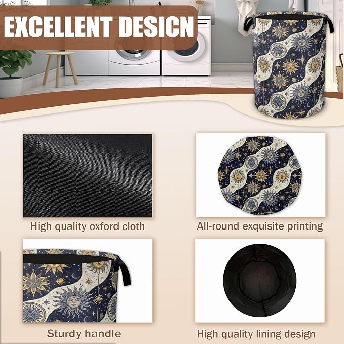 Celestial Golden Sun Moon Laundry Basket,Laundry Hamper Waterproof Oxford Cloth Tote Bag,Clothes Storage Bucket Decorative Toy Organizer for Bathroom Bedroom 16" x 20.8"
