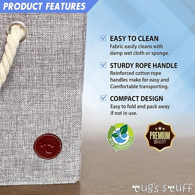Tug's Stuff Premium Dog Toy Bin & Blanket Basket - Living Room & Nursery Storage, Easy to Clean, Collapsible, Perfect for Toy Organization - 13'x13'x11' - Grey