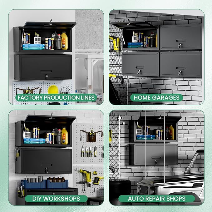 Metal Wall Cabinet,Wall Mounted Garage Cabinets with Lockable Up-Flip Door,Black Hanging Storage Cabinet 130 lbs Capacity,Floating Cabinet for Tool Organization in Basement,Workshop,Kitchen