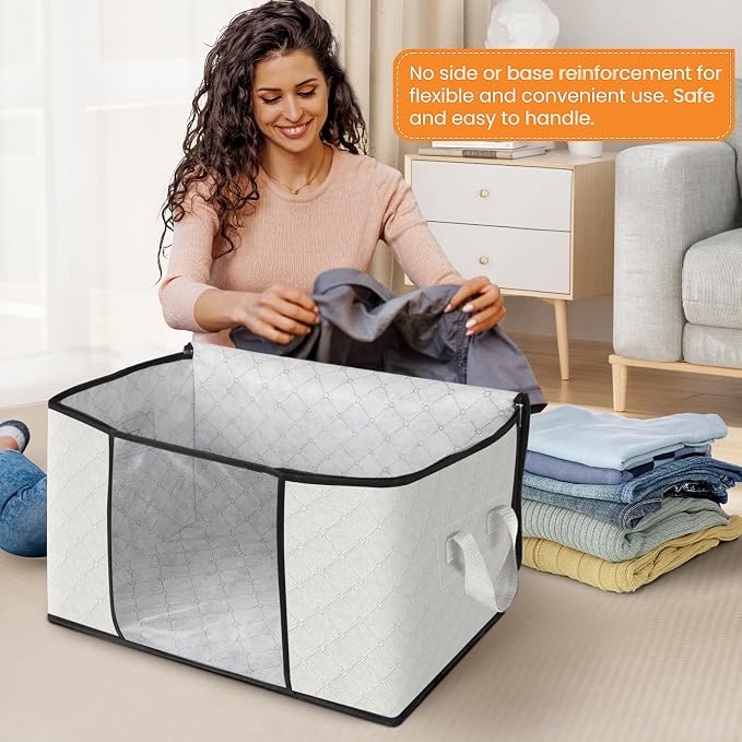3 Pack Storage Bags for Clothes Blanket Storage Bins with Lids | Foldable Closet Organizers with Zippers,Window and Handles,Fabric Storage Bins for Sweater,Comforter,Bedding,Dorm essentials