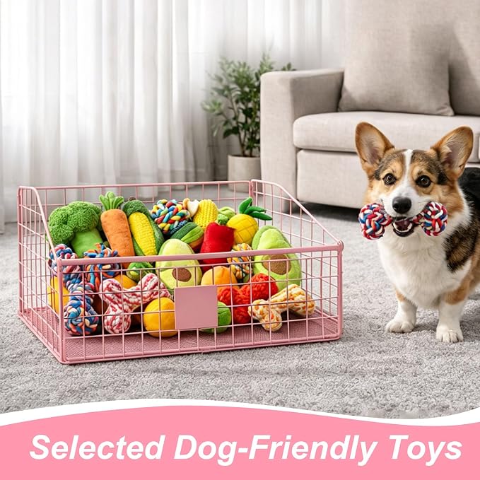 Penitue Indestructible Dog Toy Basket, 42.5x28x21.5cm/16.7x11x8.5in Metal Dog Toy Storage Bin Organizer for Living Room Area (Pink)