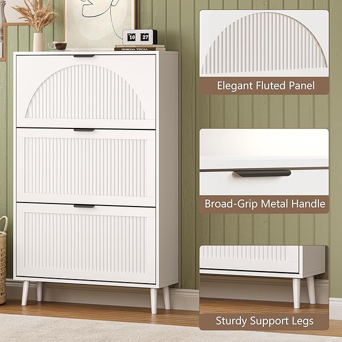 BORNOON Shoe Cabinet for Entryway with 3 Flip Drawers, Slim Wooden Shoe Storage Organizer with Modern Fluted Pannel，Freestanding Narrow Hidden Shoe Rack for Hallway, Foyer, Living Room