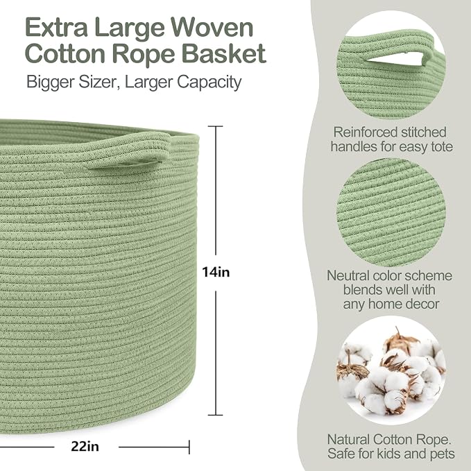 Extra Large Green Basket, 22" X 22" X 14" Woven Cotton Rope Baskets for Blankets, Nursery Laundry Basket, Cute Kids Toy Storage Bin, Green Living Room Bedroom Decor Baskets for Organizing