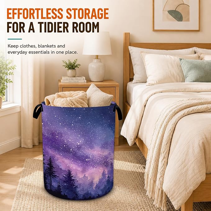Galaxy Laundry Basket,Purple Forest Foldable Oxford Laundry Hamper with Handles,Collapsible Clothes Storage Bucket Tote Bag for Laundry Room,Bathroom,Bedroom,Dorm