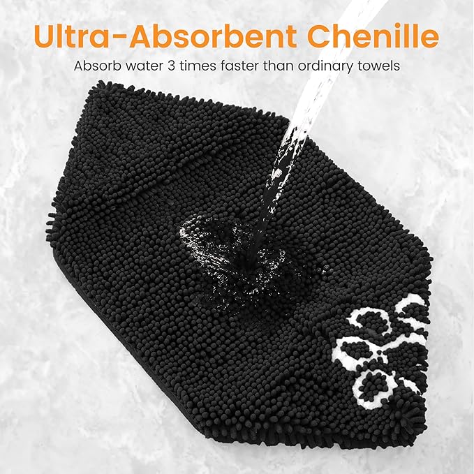 Smiry Chenille Dog Drying Towel, Extra Absorbent Bath Towel for Mud Dogs, Ultra Soft Quick Dry Pet Wash Mitt for Bathing, Grooming and Post-Walk Cleaning (31x13 Inches, Black)
