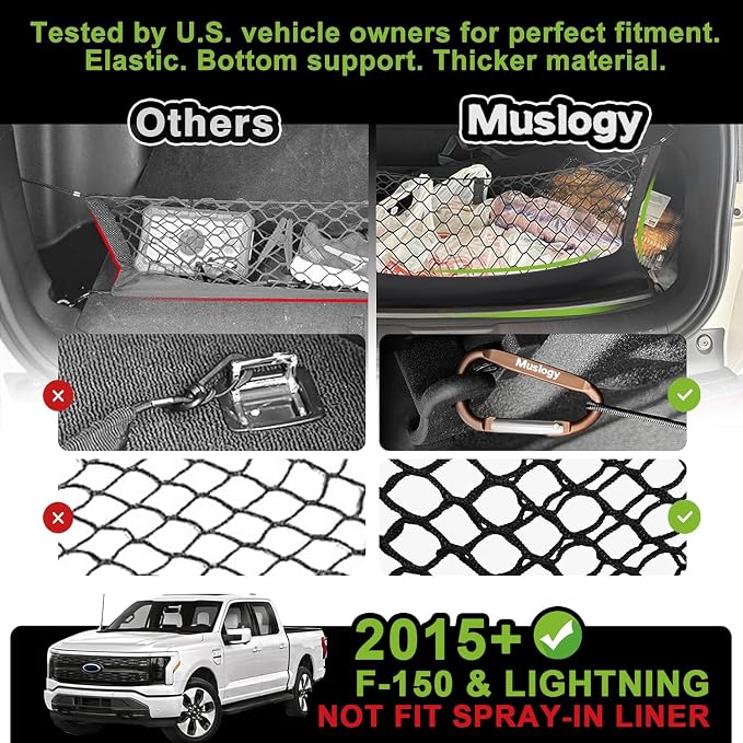 Muslogy Cargo Net for 2015-2026 Ford F-150 & Lightning Accessories | Custom Fit, Truck Bed Storage Organizer Net for Pickup Truck Bed Divider, Heavy Duty Carabiners, Night Visible Grab Handle