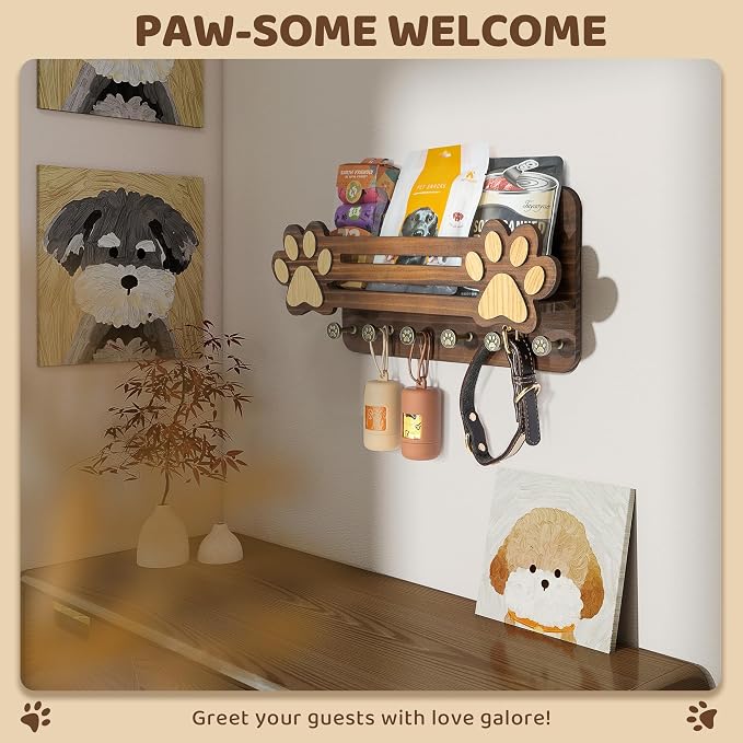 MTERSN Farmhouse Dog Leash Holder for Wall with Shelf for Pet Owner, Brown | 3D Paw-print Design, Mail Holder Wall Mount, 6 Hooks for Dog Leash, Keys & Wallets, Hold Mail, Letter & Frame, Rustic Decor