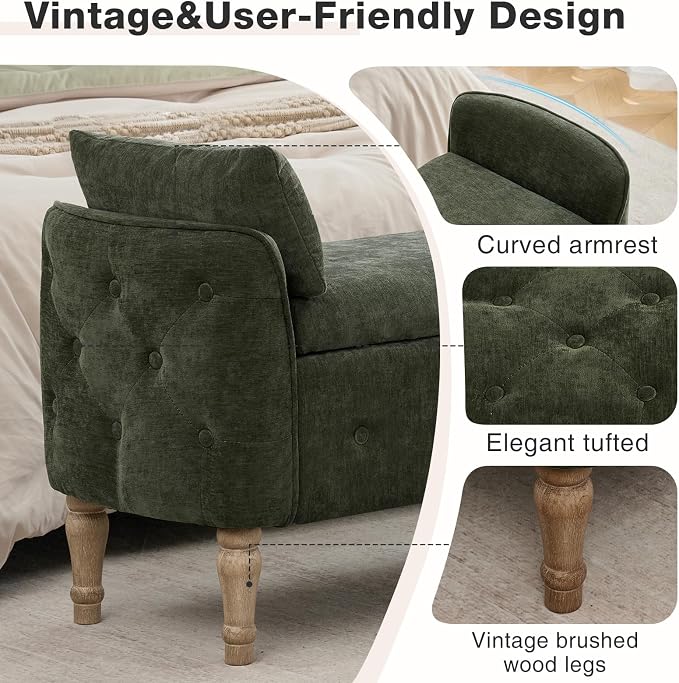67"End of Bed Storage Bench King Size,Upholstered Bedroom Bench,Green | Linen Storage Bench for Bedroom End of Bed ,2 Cushion, Vintage Wood Legs ,Tufted,Storage Ottoman Bench for Entryway Window