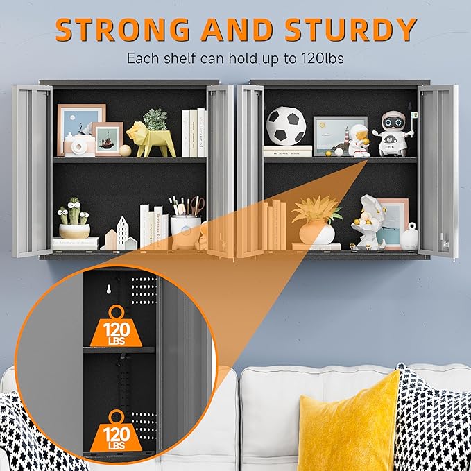 Garage Wall Cabinet with 2 Doors, Metal Wall Cabinet with Lock | 26''H Wall Mounted Cabinet, Lockable Floating Tool Cabinet, Steel Storage Cabinet for Kitchen,Office,Garage,Laundry,Warehouse