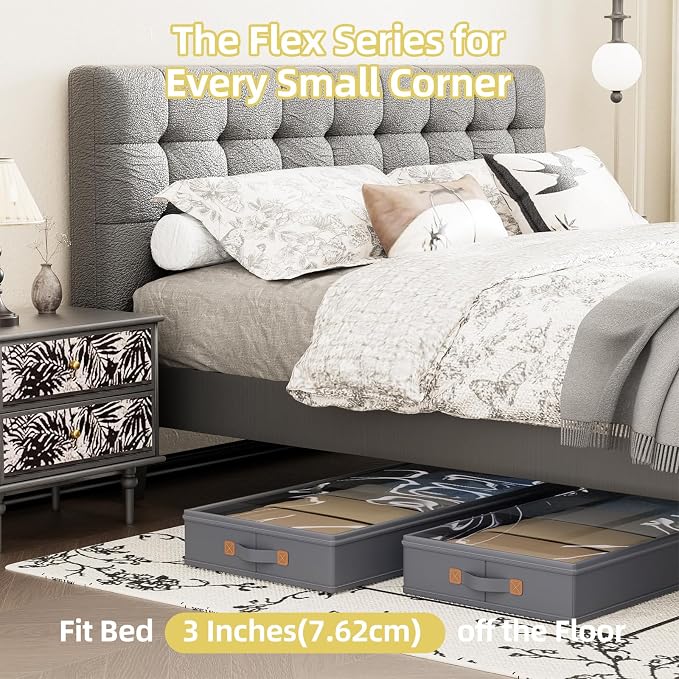 FHSQX Under Bed Storage Container 2Pack 3 Inches Low Profile Under-bed Organizer Bins Slim Under Couch Storage Box Ideal For Seasonal Clothes Blankets Towel Fabric (2, Drak Grey, 31.5 * 17 * 3in)