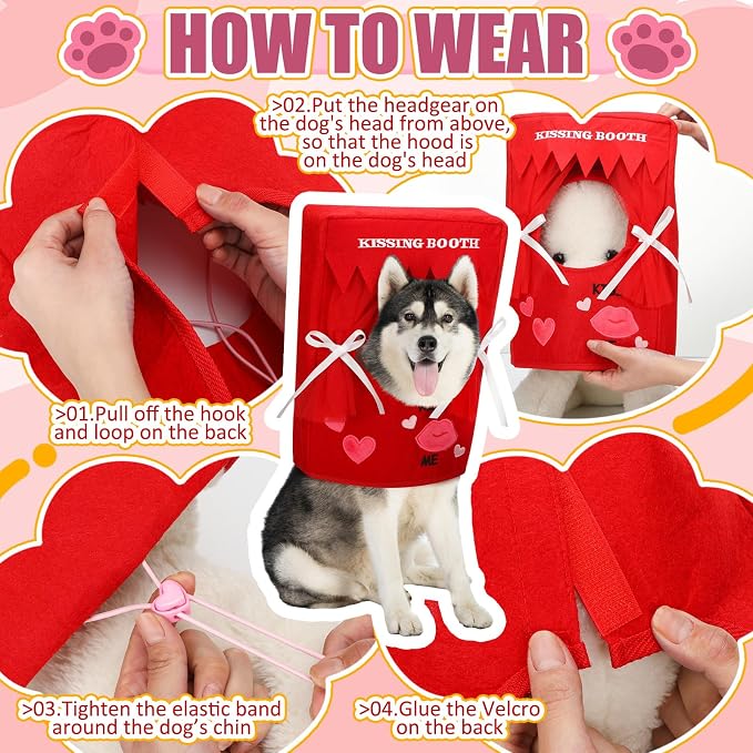 Hallowen Dog Kissing Booth Costume Headpiece for Pets, Red, L/XL | Hallowen Pet Headwear for Dogs Cats with Red Fabric Hearts, Valentine Party Birthday Photo Prop, Fun Costume Gift for Pups