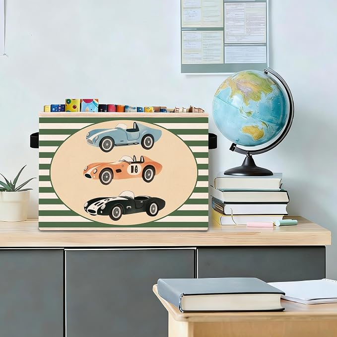 Vintage Race Car Green Stripe Foldable Fabric Storage Bin for Kids Room | Vintage sports car and green stripe design; collapsible bin for organizing toys, books, clothes in kids room or nursery.