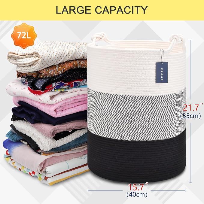 COMSE Tall Woven Blanket & Laundry Basket, 72L, White & Gray & Black | 15.7”x 21.7”, Cotton Rope, Large Nursery Hamper for Storage of Toys Clothes Towels, Great for Living Rooms Bedrooms Bathrooms