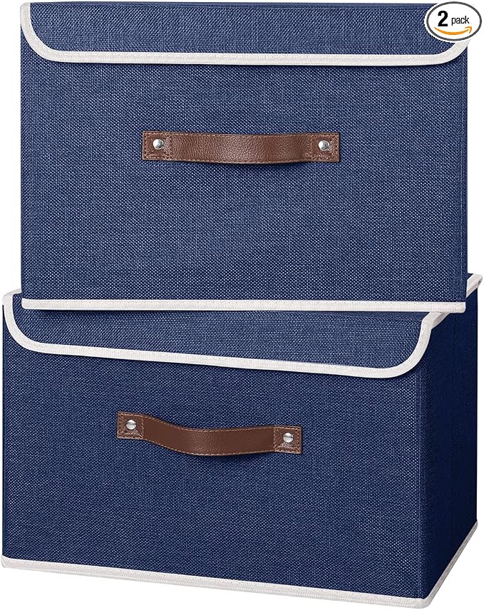 ANMINY Fabric Storage Box Bins with Lids, Blue, 15"x10"x10", 2 Pack | Keepsake Memory Storage, Cotton Linen, PP Board Reinforced, Washable, PU Handles, Foldable & Stackable, Decorative, Large