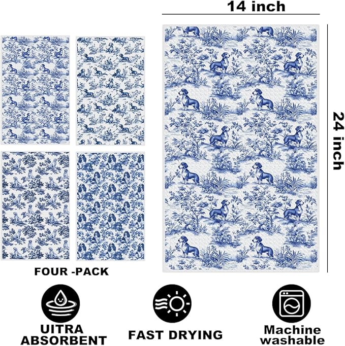 4Pcs Chinoiserie Dog Kitchen Towels, Blue and White Floral Botanical Dish Tea Towels, Grand Millenial Dog Lover Gifts Hand Towel for Kitchen Bathroom Decor, Golden Retriever Cavalier Spaniel Dachshund