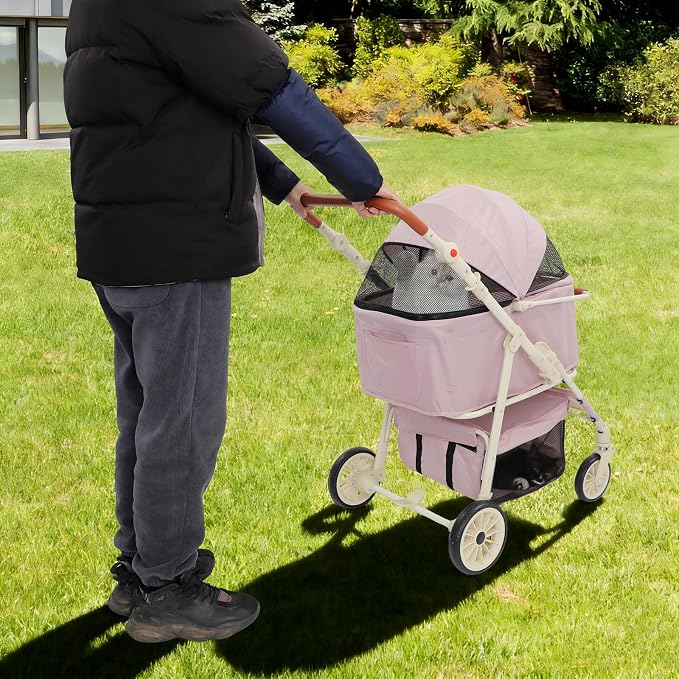 Foldable Double Tier Pet Cart, 360° Swivel Wheel Travel Carrier, Pink | Breathable Oxford Cloth Carbon Steel Frame, Brake Wheels & Pet Friendly Windows For Dog Cat Outdoor Walk Trip