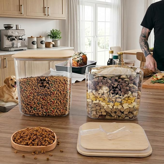 Pet Food Storage Containers, 2Pack Airtight Plastic Dog Cat Food Storage Container with Bamboo Lid,Dog Treat Container Jars Set,Treats Canister for Kitchen or Countertop,BPA Free, Clear