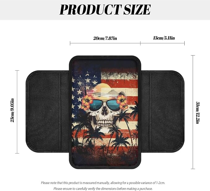 Howilath Console Armrest Pad Cover for Car with 2 Pockets | American Flag Skull Non-Slip Backing, Machine Washable, Universal Fit for SUV Sedan Truck, Protects from Wear and Stains
