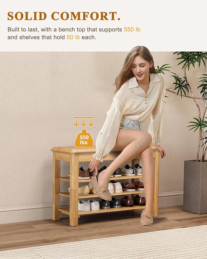 IUNVR Shoe Rack Bench Seat Rubberwood 3-Tier Wooden Storage Bench 550lbs Compact Mid-Century Modern Design for Entryway, Hallway, Closet, Front Door Entrance, Foyer