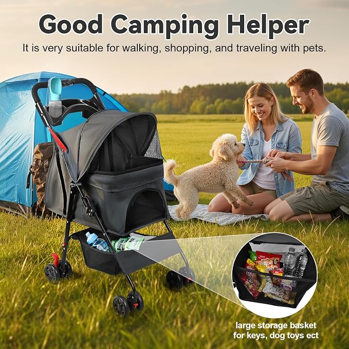 4 Wheel Pet Stroller for Small Medium Dogs, Foldable Cat Carriage with Breathable Mesh Windows, Cup Holder and Storage Basket, Portable Animal Strolling Cart Holds up to 22lbs Black